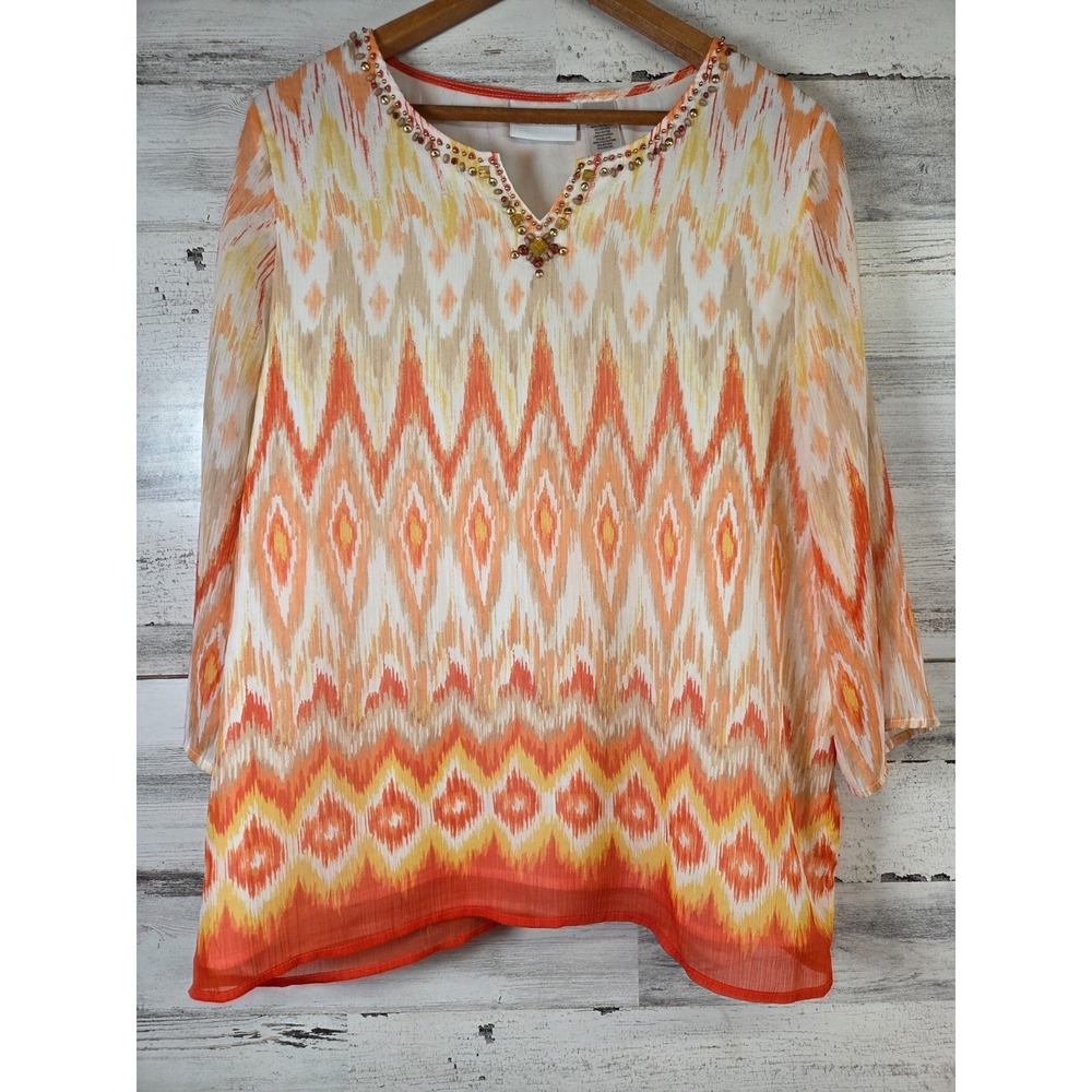 Alfred Dunner Women's Blouse Size 10 Orange Yellow Ikat Print‎ Beaded V-Neck Top